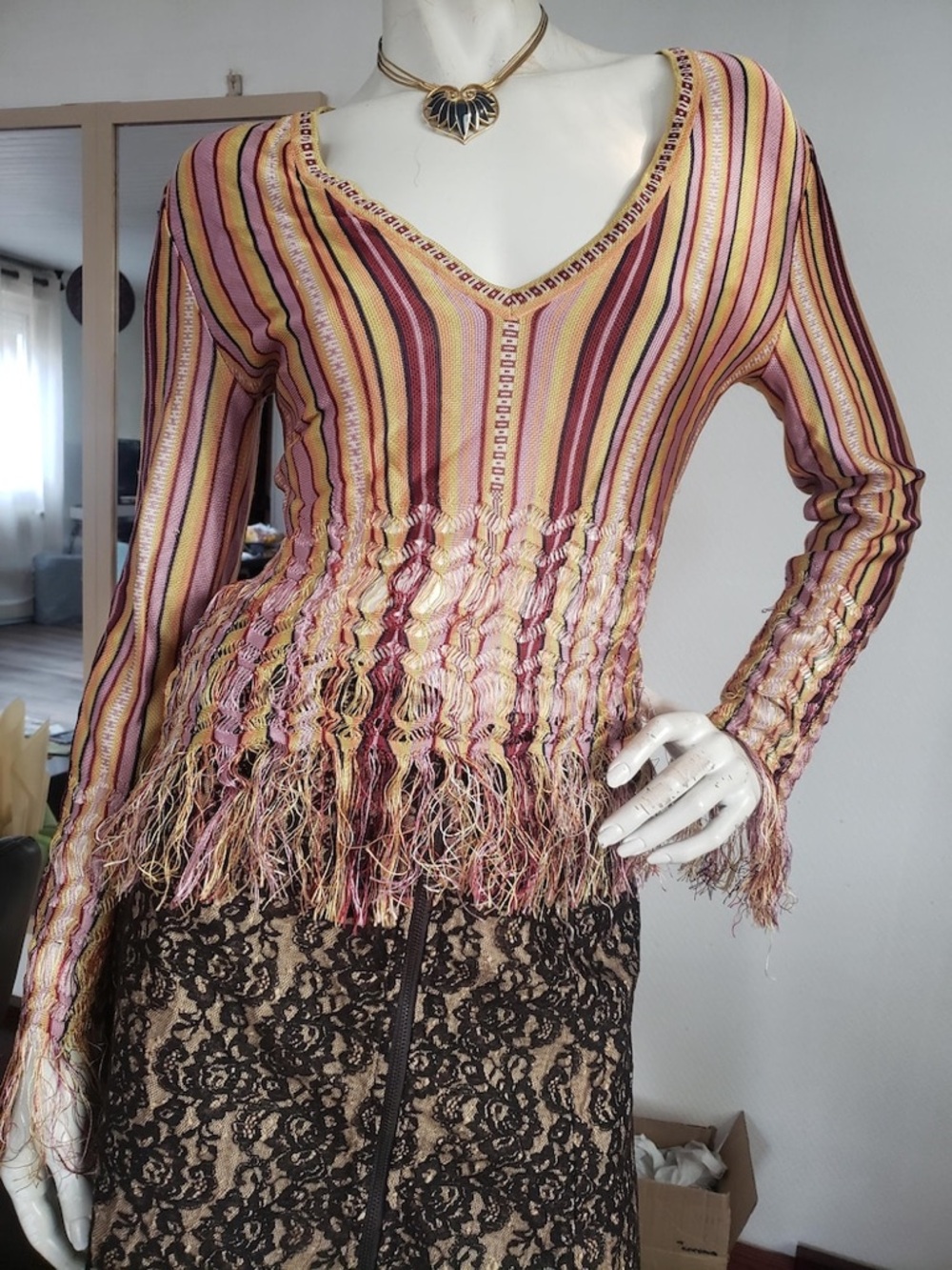 Christian Dior by John Galliano Vintage Striped Fringe V-Neck Long Sleeve Top - Picture 13 of 14